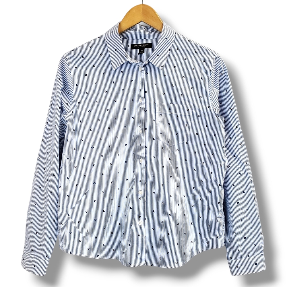 Banana Republic Quinn Boy Fit LOVE White and Blue Striped Button-up